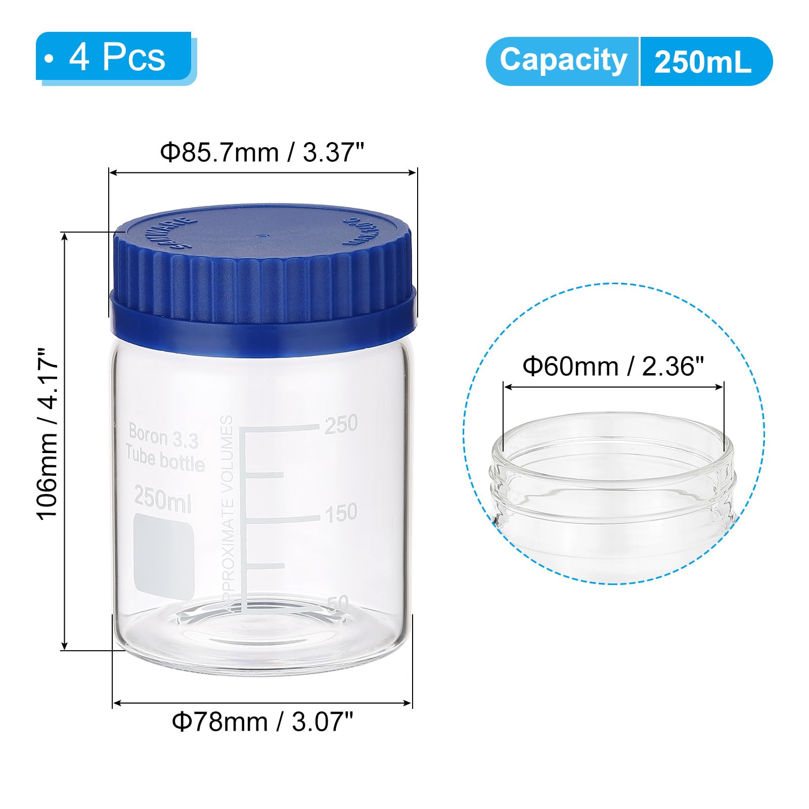 PATIKIL Confezione da 4 bottiglie rotonde per reagenti, in vetro borosilicato, 250 ml, a bocca larga, graduate, con tappo a vite GL32 blu, per liquidi reagenti d'acqua di laboratorio, trasparenti