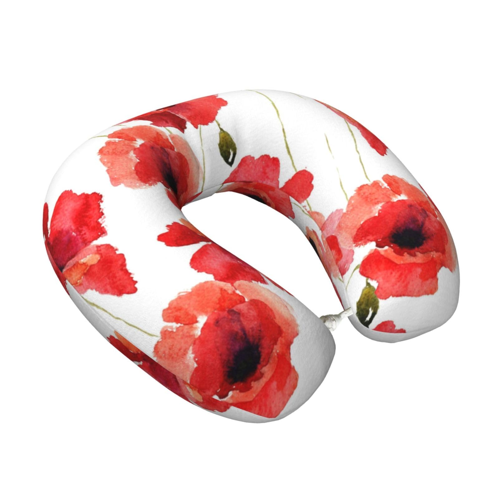 LKYMOH Watercolor Painting Red Poppy Floral, Travel Neck Pillow U-Shaped Memory Neck Support Soft Comfortable With Washable Cover For Airplane Car Traveling and Office