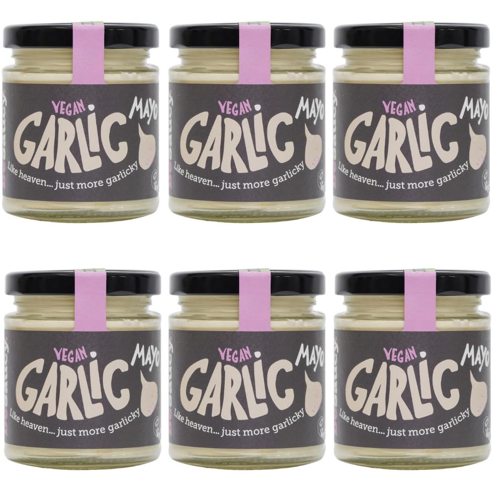 BeSaucyGarlic Mayonnaise, Works Great as a Spread, Dip, Stirred Through Mash or Partnered with Pasta and Pizza Crusts, Produced in the UK & Vegan Friendly, 6 x 180g Glass Jars