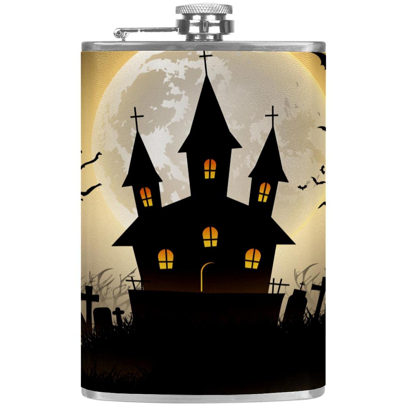 Flasque pour vin et whisky en acier inoxydable durable gravure château effrayant