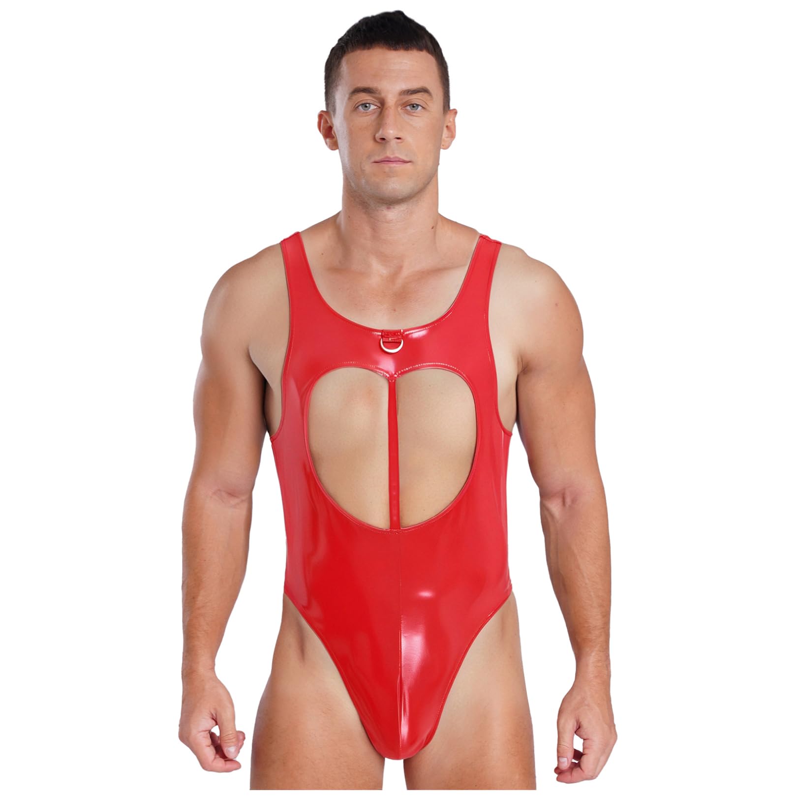 ranrann Herren Bodysuit Sexy Einteiler Body Lackleder Unterhemd Overall mit Hasen Schwanz Unterwäsche Rollenspiel Nachtwäsche Rot 3XL