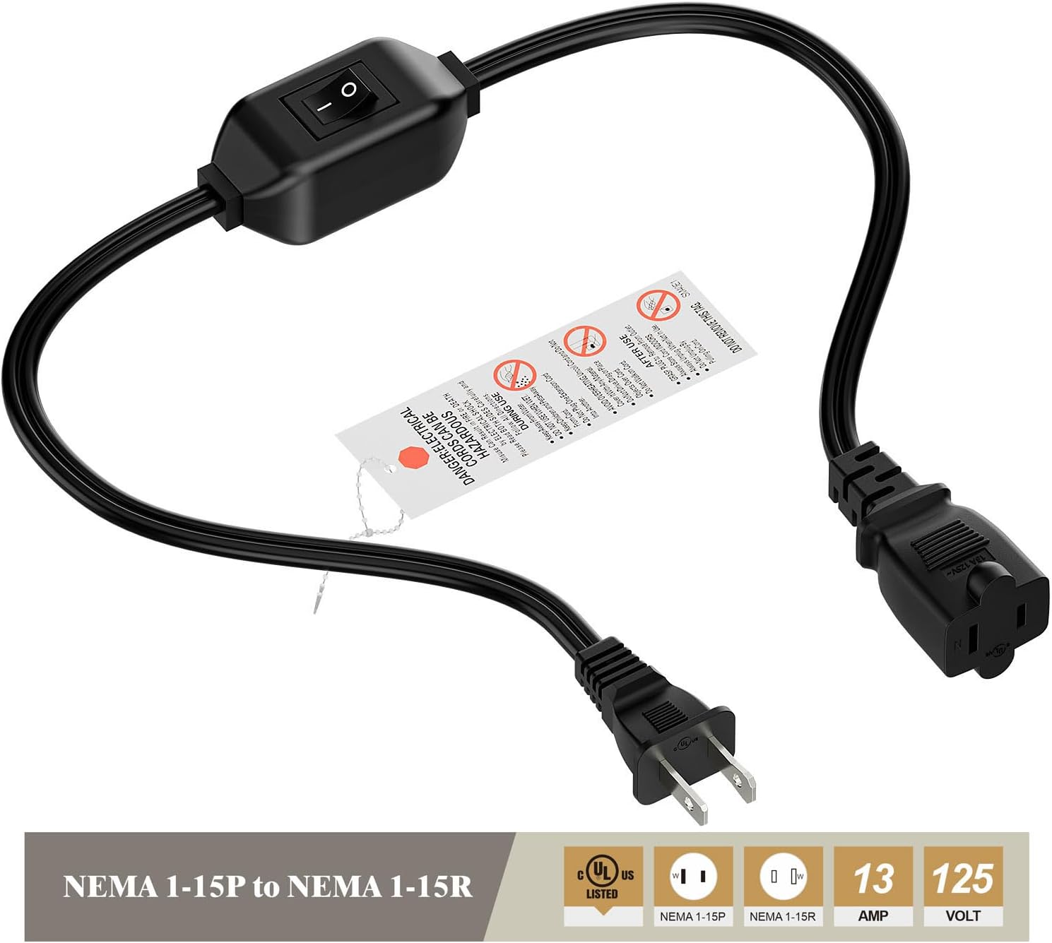 0.6Meter On Off Switch Extension Cord, 2-Prong/2 Outlet Polarized Extension Cord with Switch 12A/125V for Your Chargers/Lamp/Power Adapters etc, 16AWG Cord