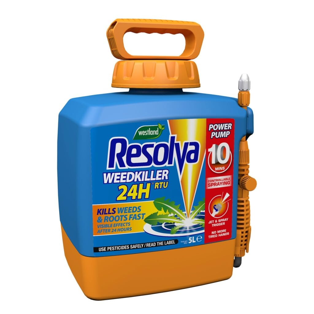 Resolva 24H Weedkiller Spray Fast Acting RTU Ready to Use 5L Power Pump Tough Weed Killer Systemic Formula Clears Dandelion Nettle Brambles Roots Visible Results 24 Hours Garden Path