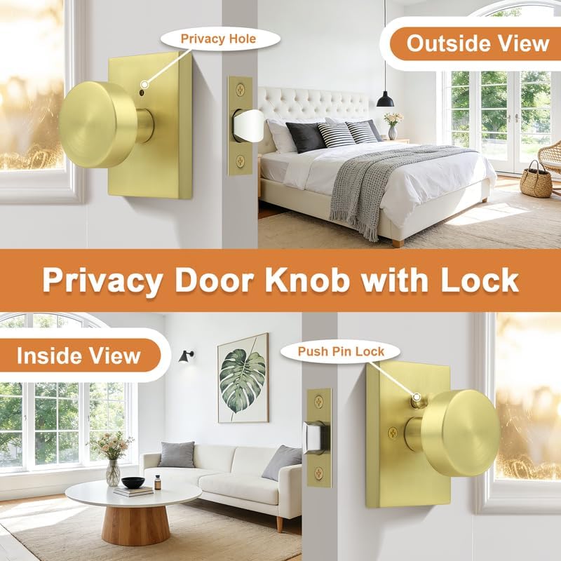 Probrico Gold Door Knobs Interior, Brass Bedroom Door Locks, Privacy Door Knobs, 3 Pack