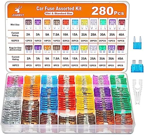JOREST 280 Pcs Car Fuse Assortment Kit, 182 Mini Blade Fuses Automotive + 98 Standard Auto Fuses + 1 Fuse Puller – for Car/RV/Truck/Motorcycle/Boat (2Amp 3A 5A 7.5A 10A 15A 20A 25A 30A 35A 40A)