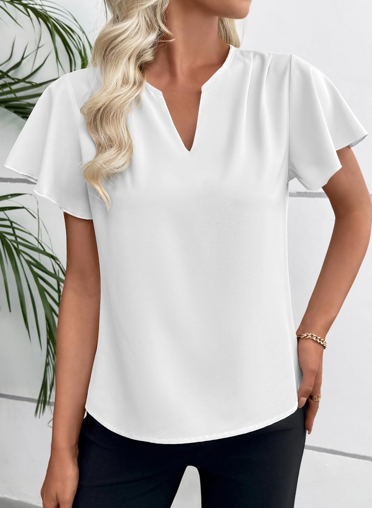 Dokotoo Damen Bluse Elegant V-Ausschnitt Chiffon Blusenshirt Sommer Kurzarm Locker Oberteile Shirts Tunika Casual Business Outfit S-2XL