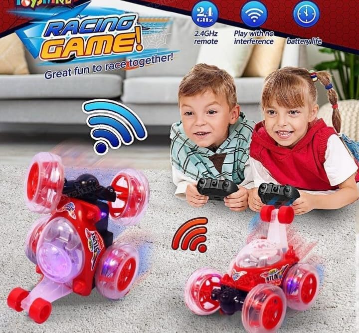 Image of Pink 360 Rotating Stunt Car Toy for Kids - LED Light Up Off-Road RC Vehicle with Flip & Spin Action, Rechargeable Electric Remote Control Car for Girls, Boys, Toddlers (RC 360 (RED))