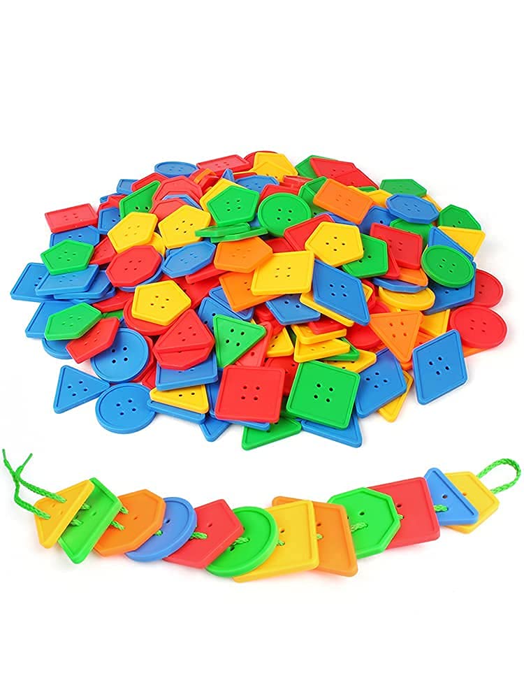 KUTOI 70 Pcs Montessori Lacing Threading Toy-Geometric Shaped Large Beads For Kids Crafts,Preschool Activities&Daycare Toys-Autism Learning Materials&Fine Motor Skills Toys For 3 4 5 6 Year Old,Multi