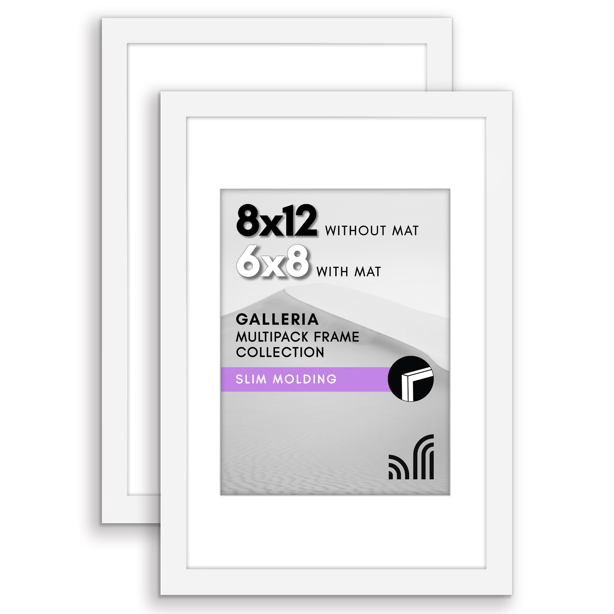 Americanflat 8x12 Picture Frame in White - Set of 2 - Use as 6x8 Picture Frame with Mat or 8x12 Frame Without Mat - Includes Sawtooth Hanging Hardware For Horizontal or Vertical Display