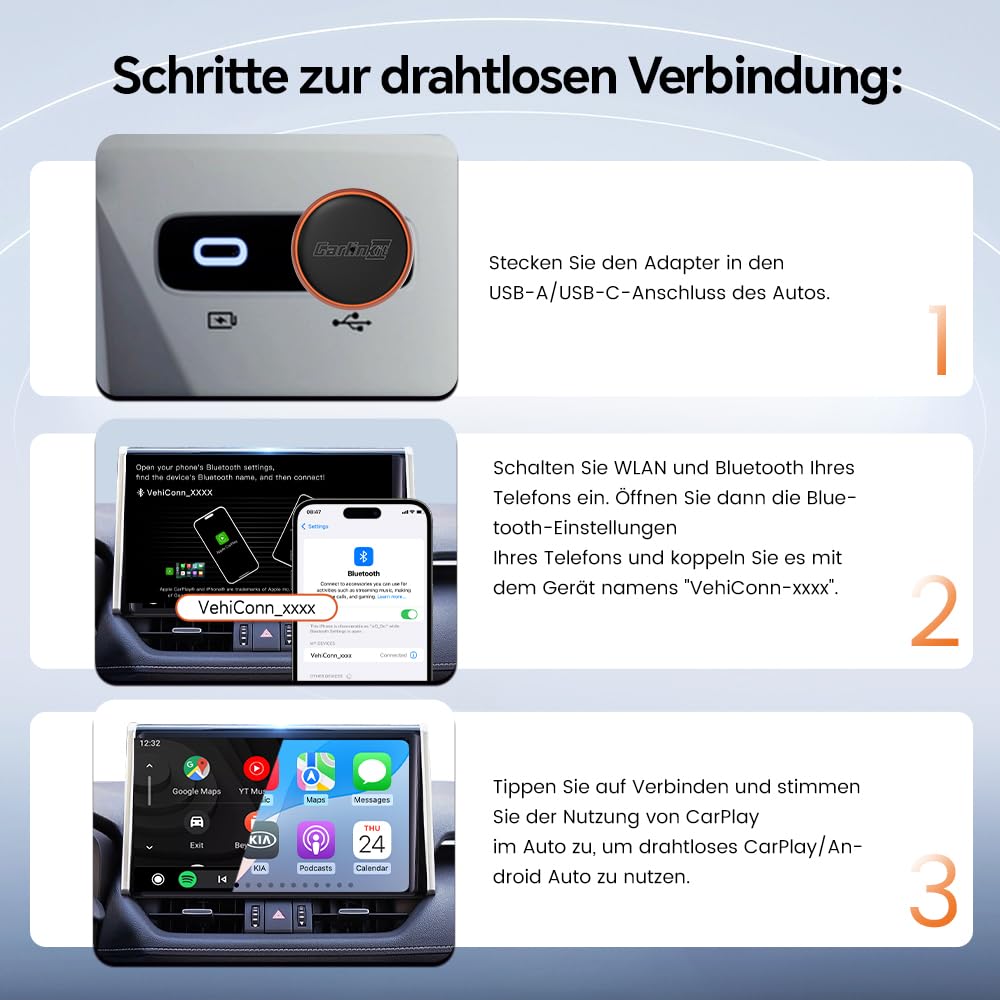 Carlinkit Mini Ultra 3 Wireless CarPlay Adapter, Wireless Android Auto Adapter, Wandelt OEM kabelgebunden zu kabellos um, USB-A/C Plug & Play, Auto-Connect, OTA Upgrade, Orange
