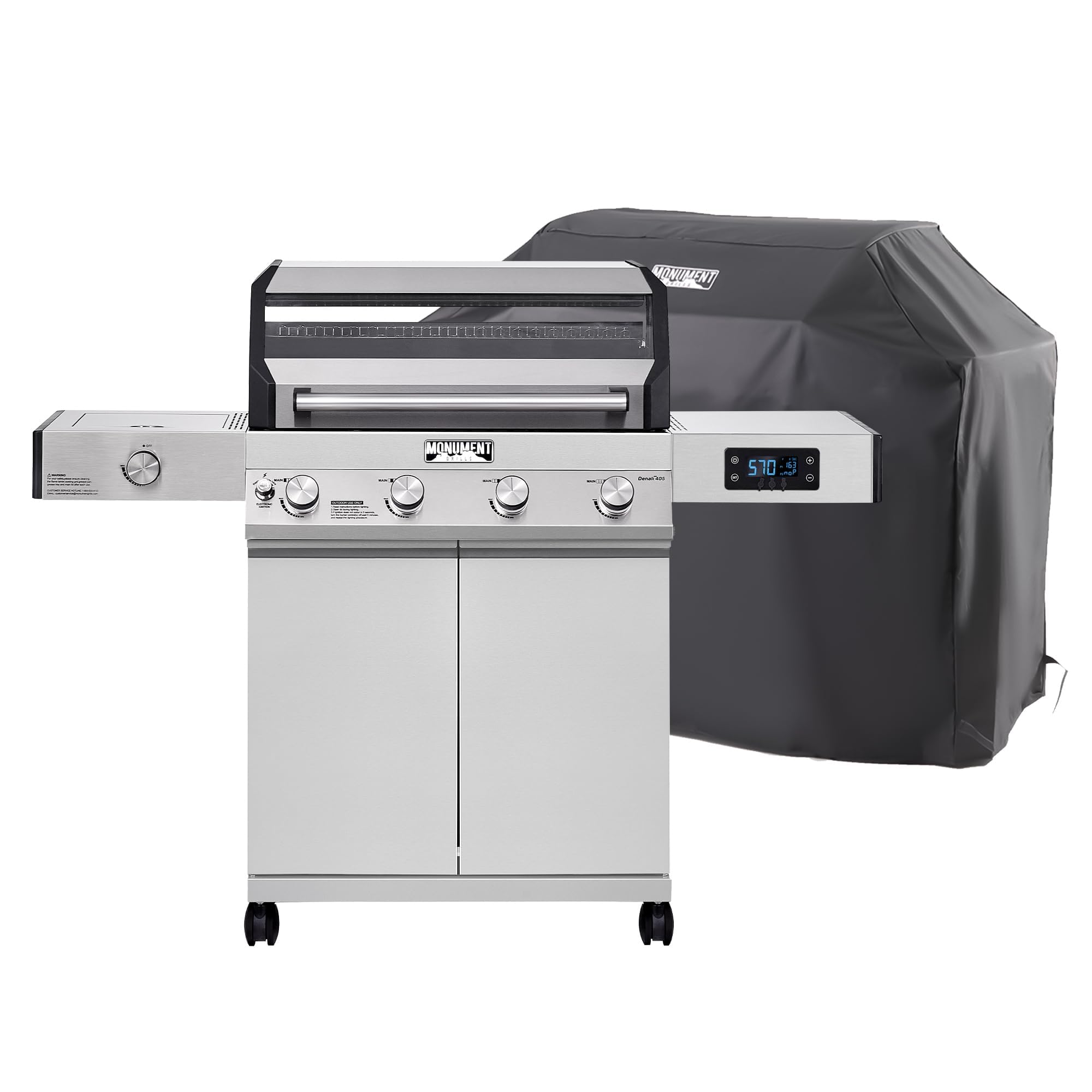 Monument Grills Denali Series, Denali 405 4-Burner Liquid Propane Gas Smart BBQ Grill Stainless Steel with BBQ Cover(2 items)