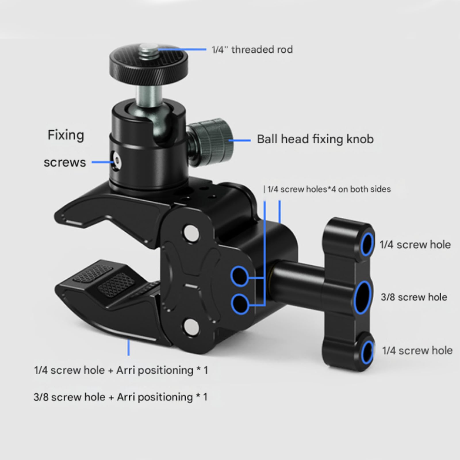 Staffa per action camera, super morsetto, regolabile a 360 gradi, con estensione da 1/4", convertitore treppiede per manubrio, accessorio per fotocamera resistente per vlog da viaggio