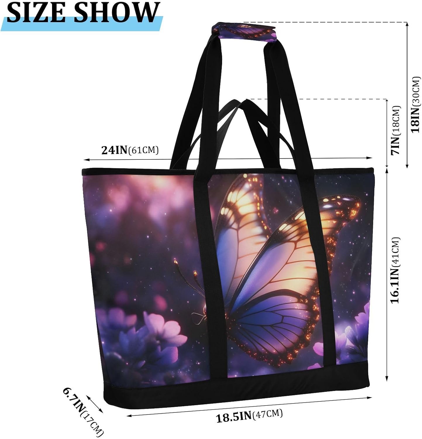 Butterfly Fly Purple Large Insulated Tote Bag for Grocery Shopping Reusable Tote Bags for Women Men, Cooler Bag with Zippered Top & Handles for Beach Picnic Travel