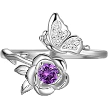 Jewmon Butterfly Rose Birthstone Ring for Women Mothers Day Jewelry Gifts for Mom 925 Sterling Silver Birth Stone Butterfly Ring Elegant Rose Promise Ring Birthstone Jewelry Gift for Girlfriend Wife