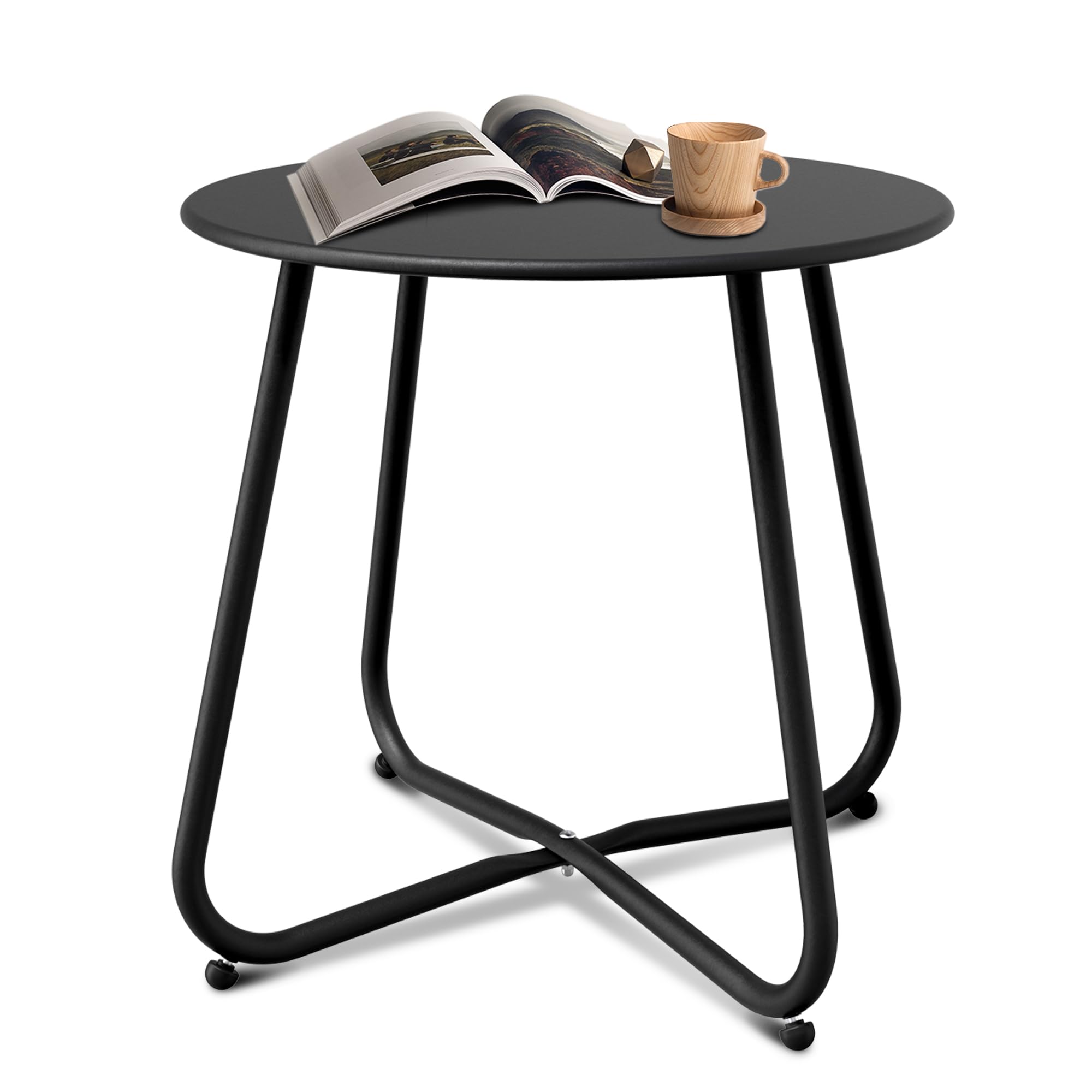 Decksplore Patio Side Table Waterproof Round Metal Steel Weather Resistant Portable Outdoor and Indoor End Table for Garden Balcony Yard, Black