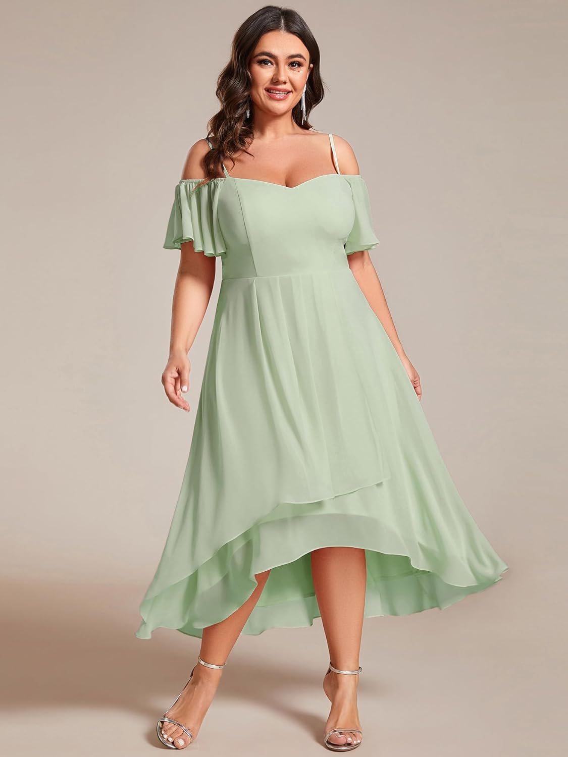 Ever-Pretty Women's Plus Size Ruffle Sleeves Off Shoulder Empire Waist A Line Chiffon Wedding Guest Dress 02103-DA