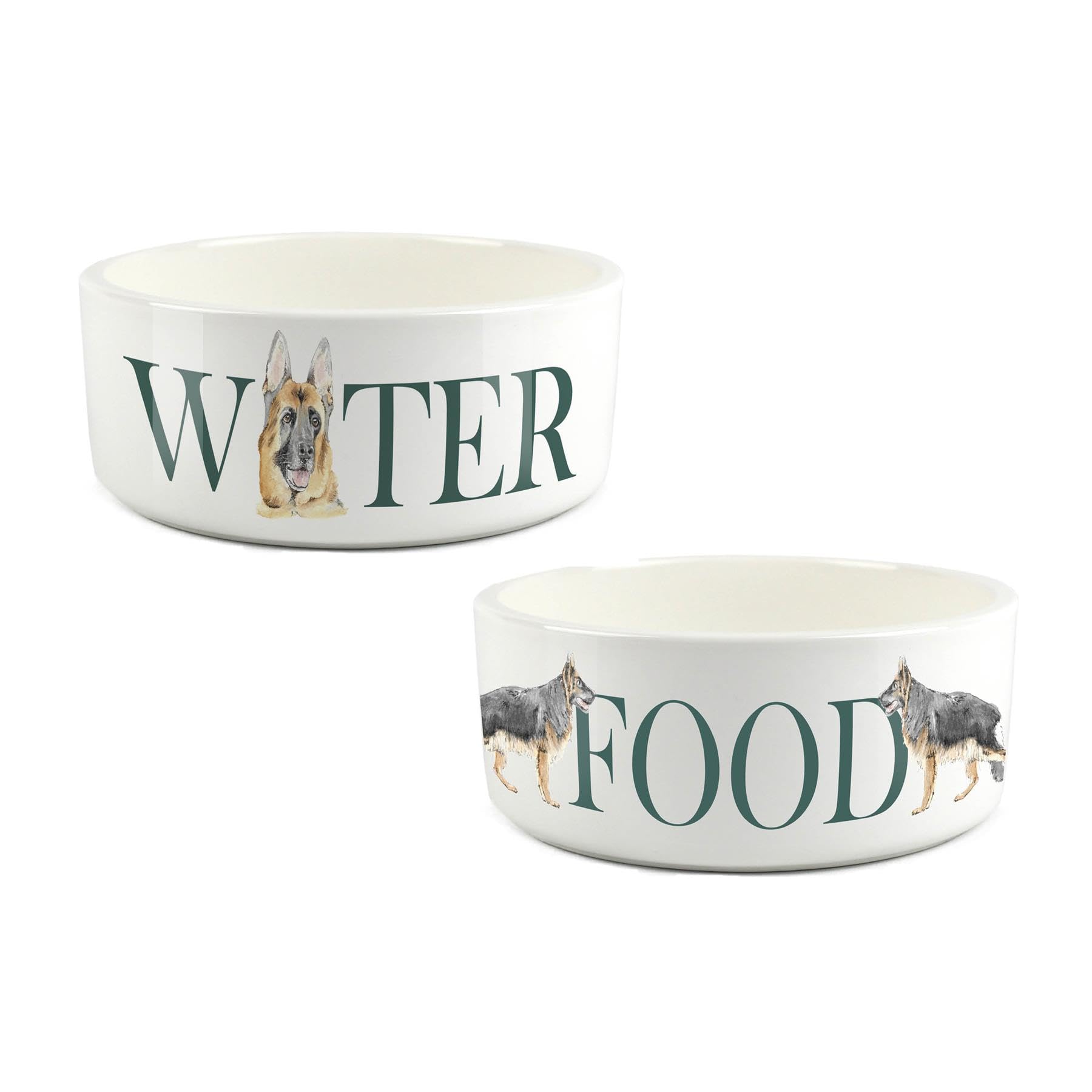 German Shepherd Pet Bowl Set - Food & Water Ceramic Food Bowls - Large White Feeding Dishes For Dogs (Set of 2)