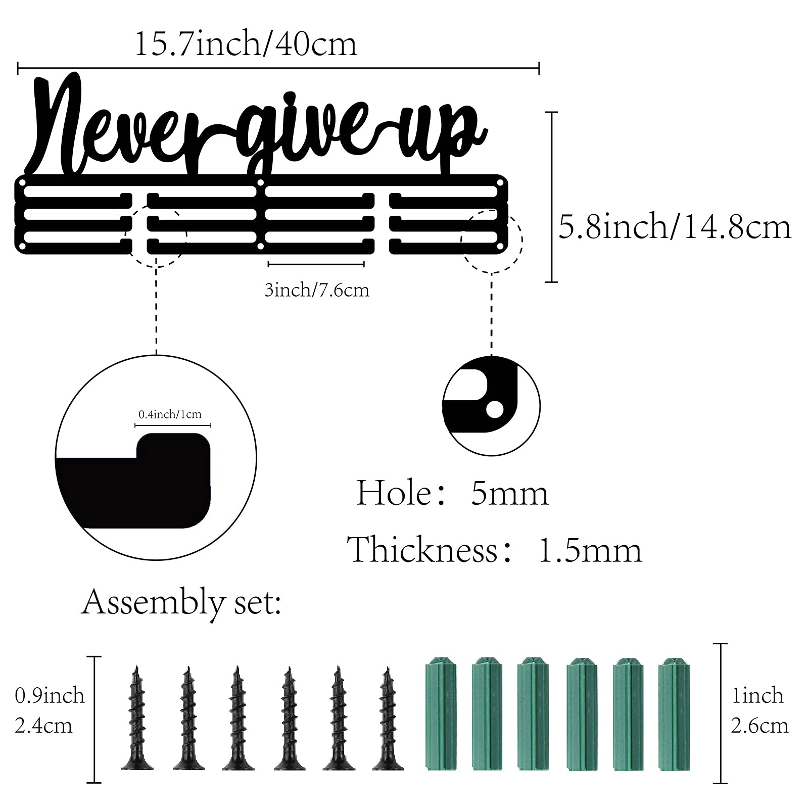 Porta Medaglie Da Parete 'Never Give Up' - Per Oltre 60 Medaglie | Acciaio Nero - Foto 5