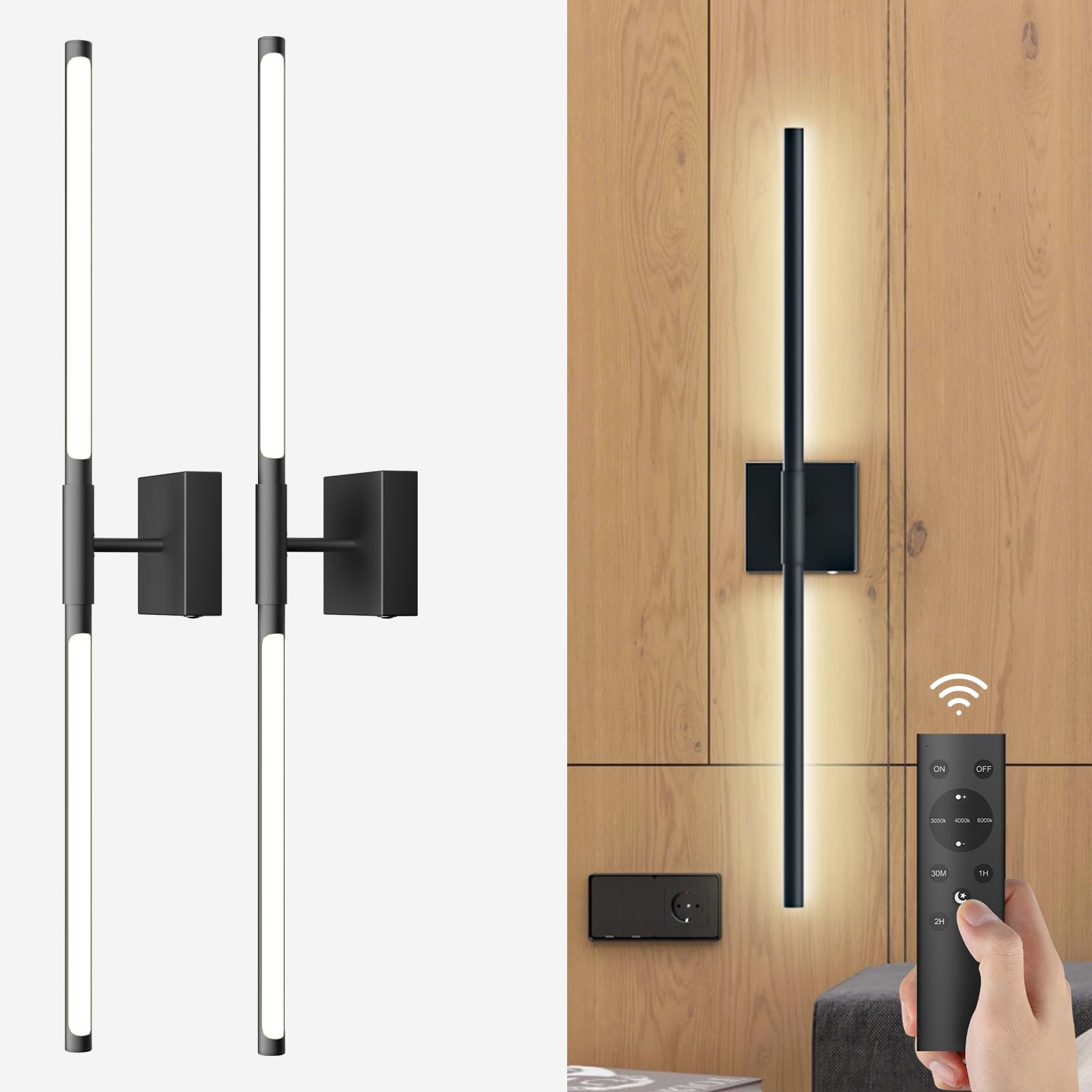 Battery Operated Wall Sconces with Remote Control-Dimmable Wall Sconces Set of Two-350°Rotate-3000-6000K LED Wireless Wall Lights for Living Room,Bedroom, Hallway, 31.5 inch(2 Pack)