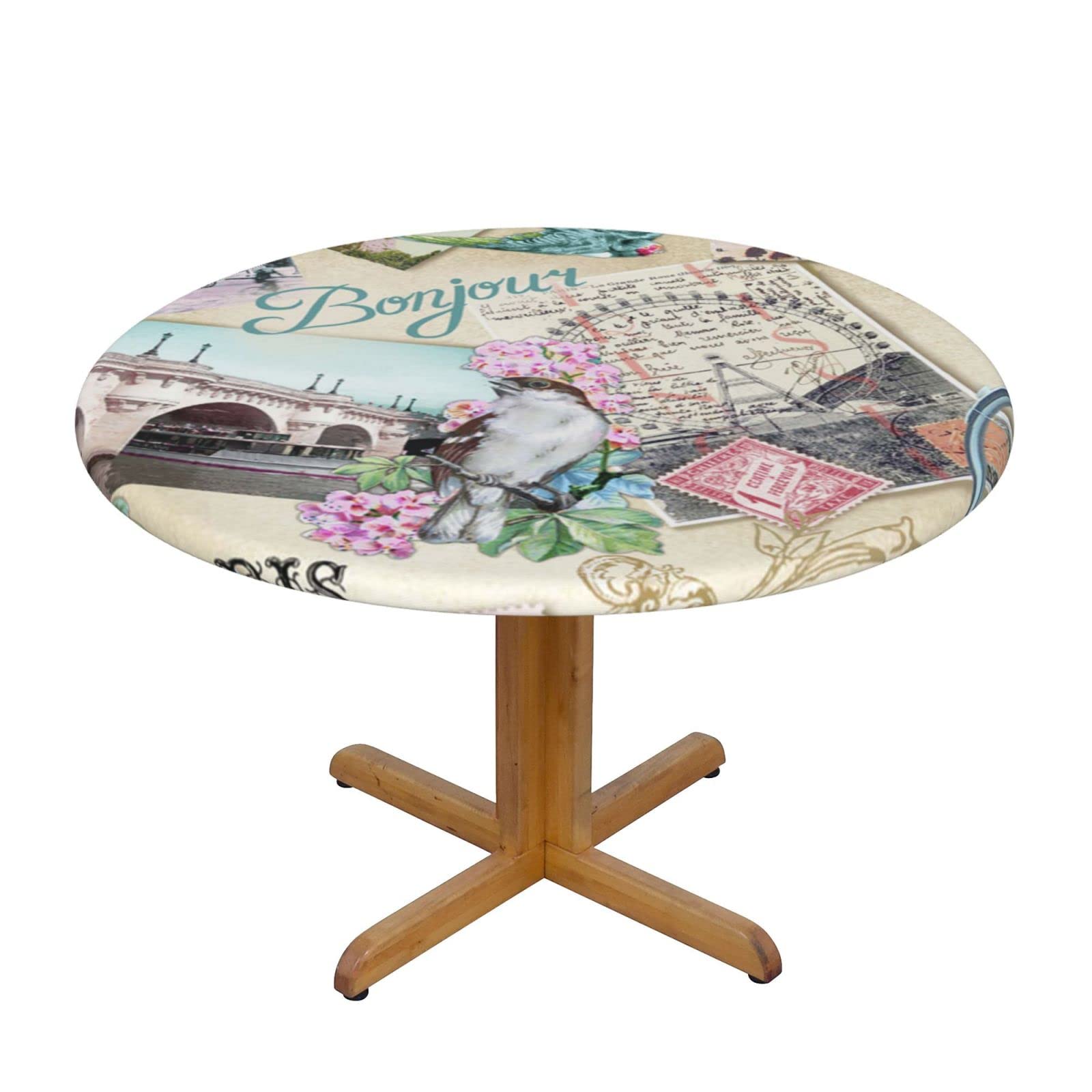 Lsjuee Round Fitted Tablecloth 45-50in Elastic Edged Table Cloth for Kitchen Dining Party Home Decor - Vintage Paris Landscape Romance