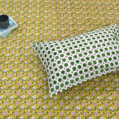 Image of TOAI Hand Block Printed Bedsheet | Bed Spread Flatsheet Bed Sheet | Pure Cotton | King Size 108 inchx108 inch | 300 TC Long Staple Cotton | 2 Reversible Pillow Covers |Pink Floral Pond