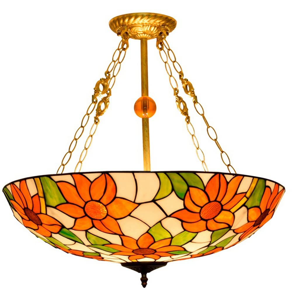 FYZDLAOR Sunflower Pattern Tiffanystyle Large Size Inverted Pendant Lights Chandelier 24 Inches Wide 5 Light Fixture for Dining Living Room Bedroom Foyer