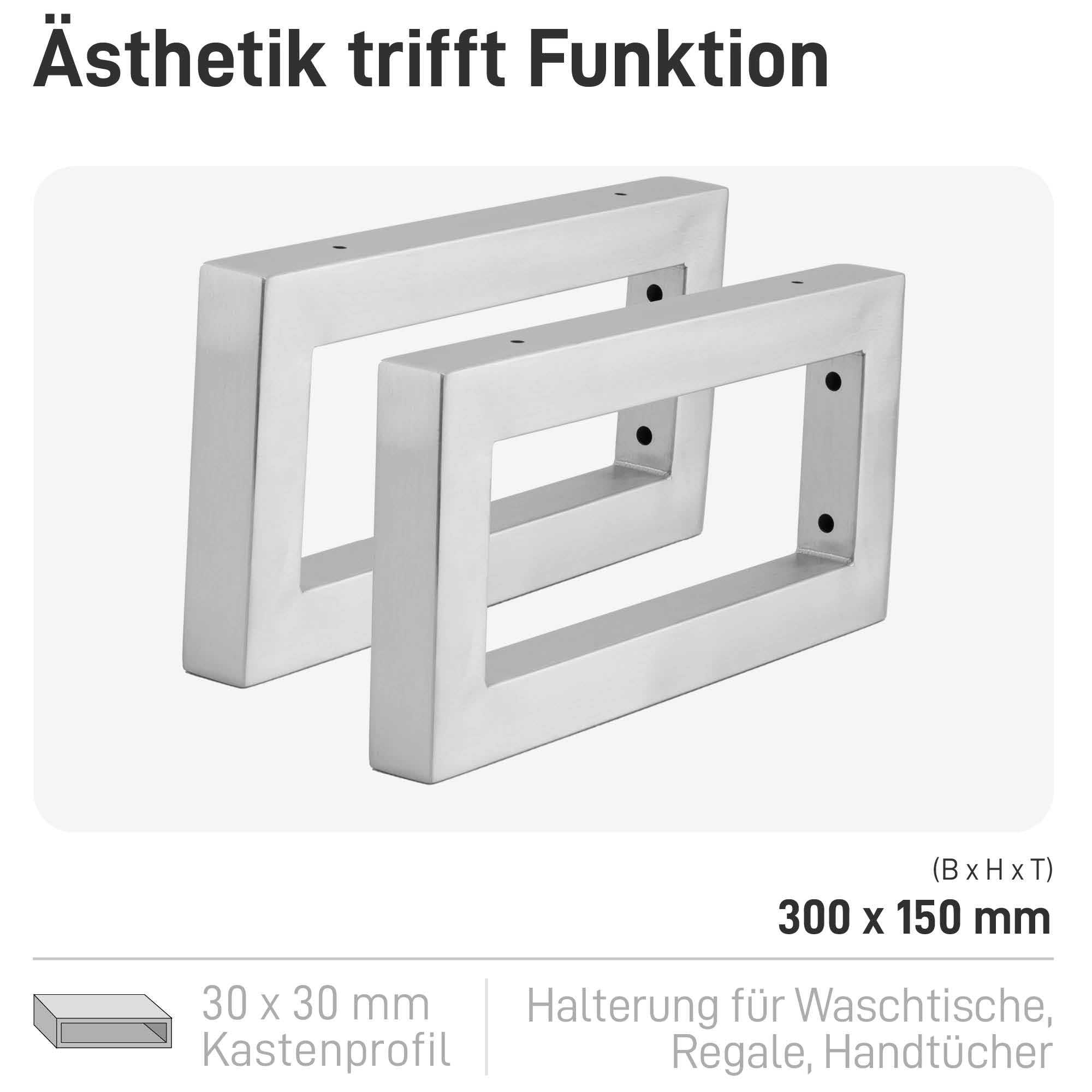 Natural Goods Berlin 2X Wand-Konsole RECHTECK | Waschtisch-Halterung stabil | Einfache Wand-Montage | Regal-Halter aus Edel-Stahl | Konsolen-Träger für Waschbecken & Wand-Regal | 300 mm