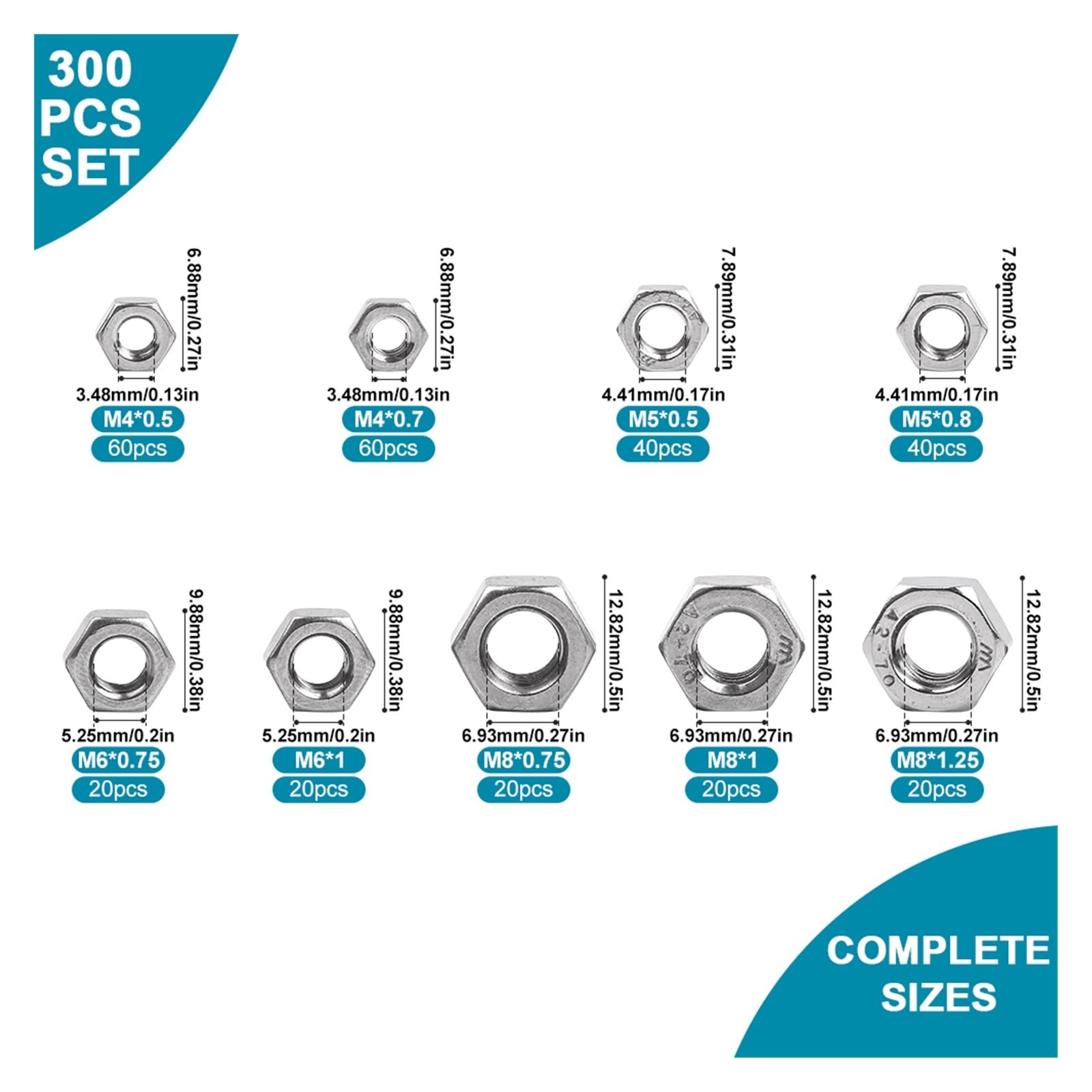 90-teiliges 300-teiliges Sechskantmuttern-Sortiment aus Edelstahl mit metrischem Feingewinde(M4-M8 300pcs)