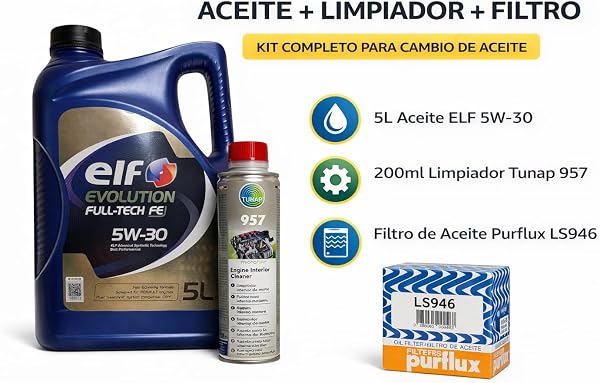Pack de Mantenimiento Profesional: Aceite ELF Evolution Full-Tech FE 5W-30 (5L) + Limpiador Tunap 957 (200ml) + Filtro de Aceite Purflux LS946 - Compatible con Renault RN0720, Dacia y Nissan - 3