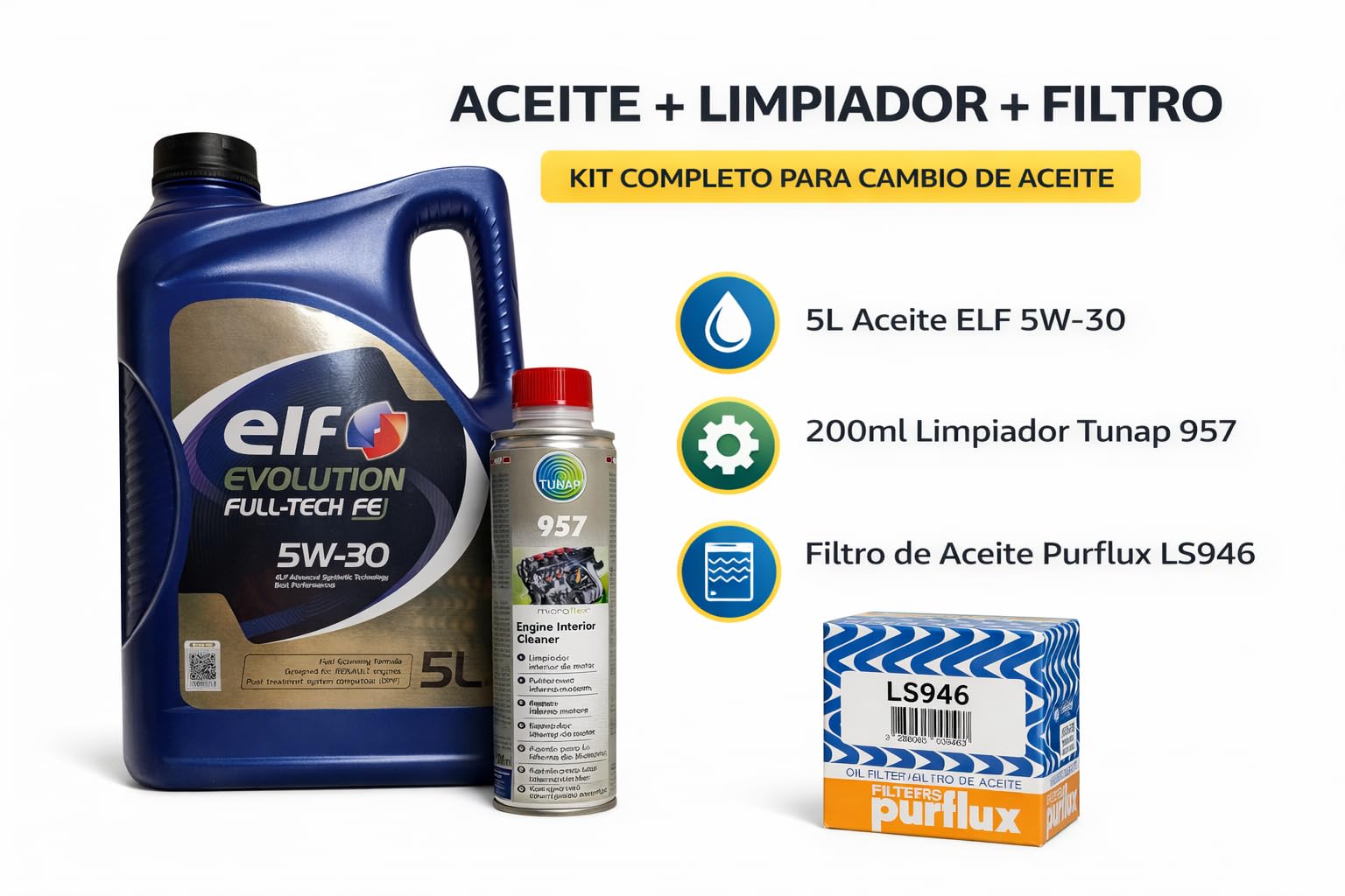 Pack de Mantenimiento Profesional: Aceite ELF Evolution Full-Tech FE 5W-30 (5L) + Limpiador Tunap 957 (200ml) + Filtro de Aceite Purflux LS946 - Compatible con Renault RN0720, Dacia y Nissan - 3