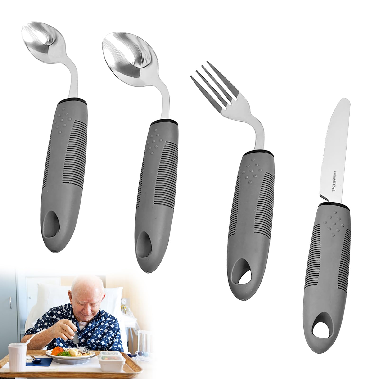 Set di 4 posate adattive, posate per persone disabili Parkinson, angolate 42°, posate pesate da 85 g, cucchiaio curvo con manico antiscivolo per tremori delle mani (destrorsi)