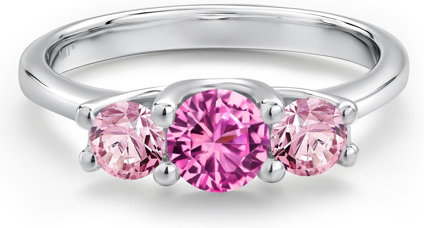 Gem Stone King 14K White Gold Pink Created Sapphire & Pink Lab Grown Diamond 3-Stone Engagement Ring | 1.05 Cttw | Round 5MM and 4MM | 3 Stone Wedding Anniversary Promise Ring For Women - Image 3