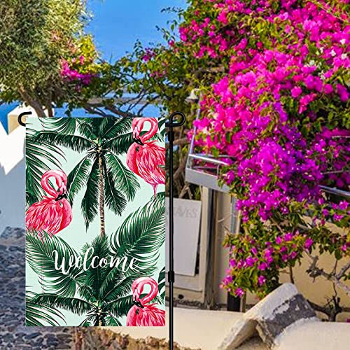 Spring Summer Garden Flag, Flamingo With Palm Leaves Tropical Welcome, 12×18 Inch, Double Sided, Vertical Holiday Yard Farmhouse Outdoor Décor #TOP3
