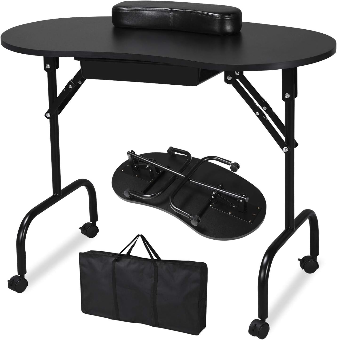 Yaheetech Folding Manicure Nail Table Nail Beauty Technician Desk Workstation with Drawer, Bag/Wrist Rest Black