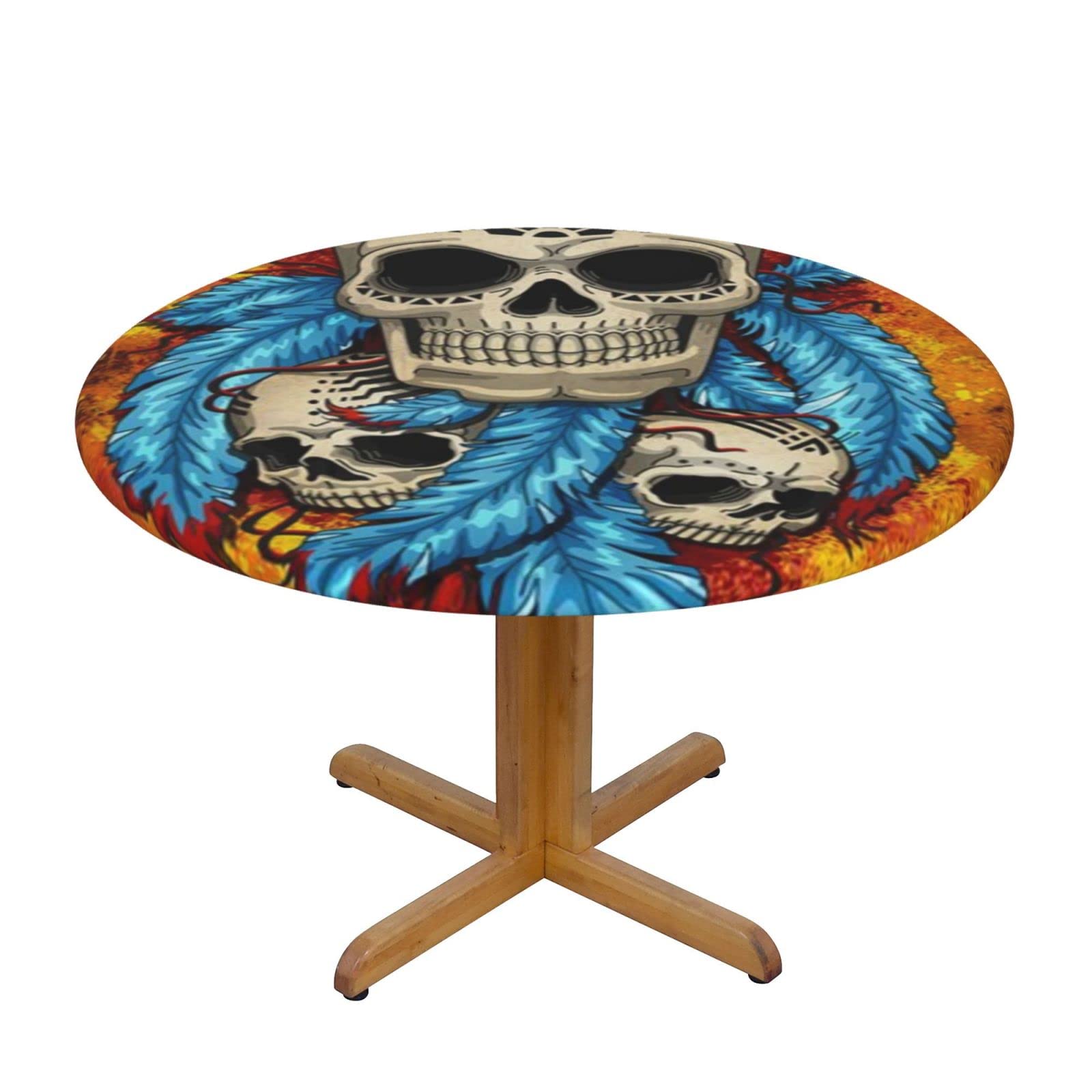 Lsjuee Round Fitted Tablecloth 40-44in Elastic Edged Table Cloth for Kitchen Dining Party Home Decor - Death Skull Tribe Feather