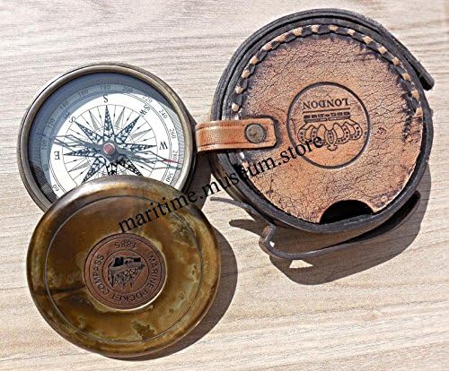 MARINE ART HANDICRAFTS MAH Handmade Vintage Robert Frost Brass Poem Compass with Natural Leather Case.C-3219