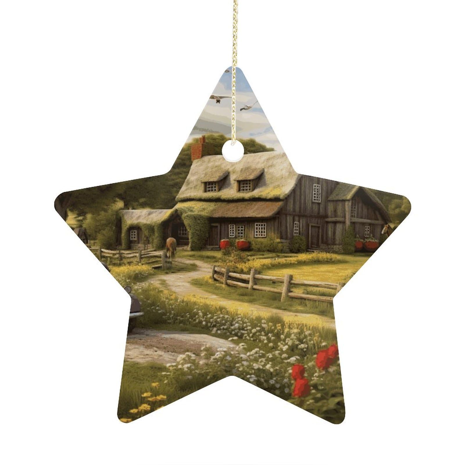 Fodpand Women's Style Farm Thatched Cottage Ornament With String, Keepsake Hanging Decorations,Ceramic Ornaments For Men Indoor Home Holiday Party Gifts