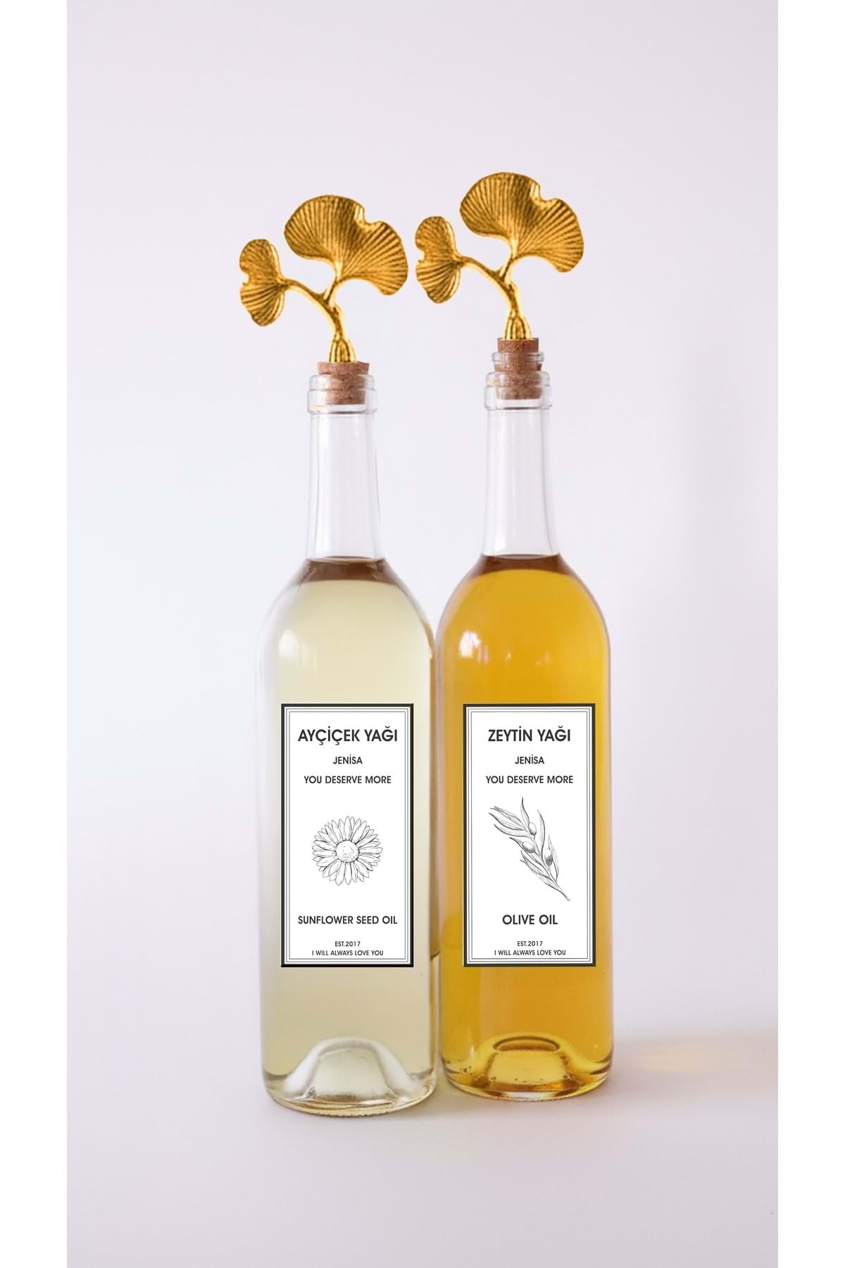 Jenısa Altın Ginkgo Akıtmaz Tıpalı Dibi Çukur Şeffaf Cam Şişe 2'Li 750 Ml Yağdanlık Yağlık