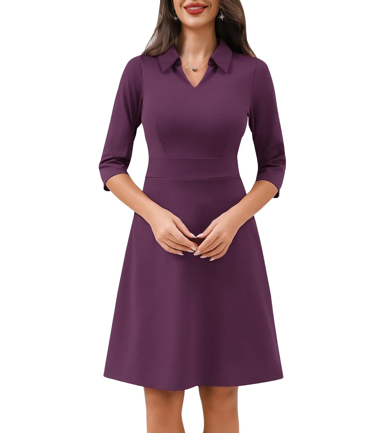 DERAX 3 4 Sleeve Work Dresses for Women V Neck Elegant Business Formal Office Flare Mini Dresses Rose