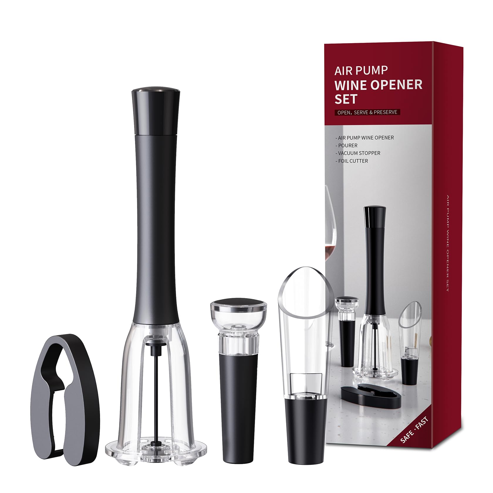 Set de Sacacorchos de Aire a Presión, Incluye Corta Cápsulas, Bomba Vacio Tapon y Vertedor, Abridor de Vino Profesional Funcional, Regalo Ideal para los Amantes del Vino Navidad