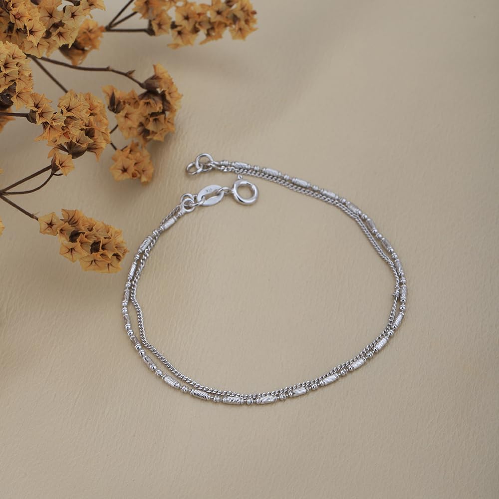Vanbelle Sterling Silver Jewelry - Rhodium Plated with 925 Stamp - Double Layered Beaded Chain Bracelet - Elegant Handcrafted for Women - 7.5" long - Image 7