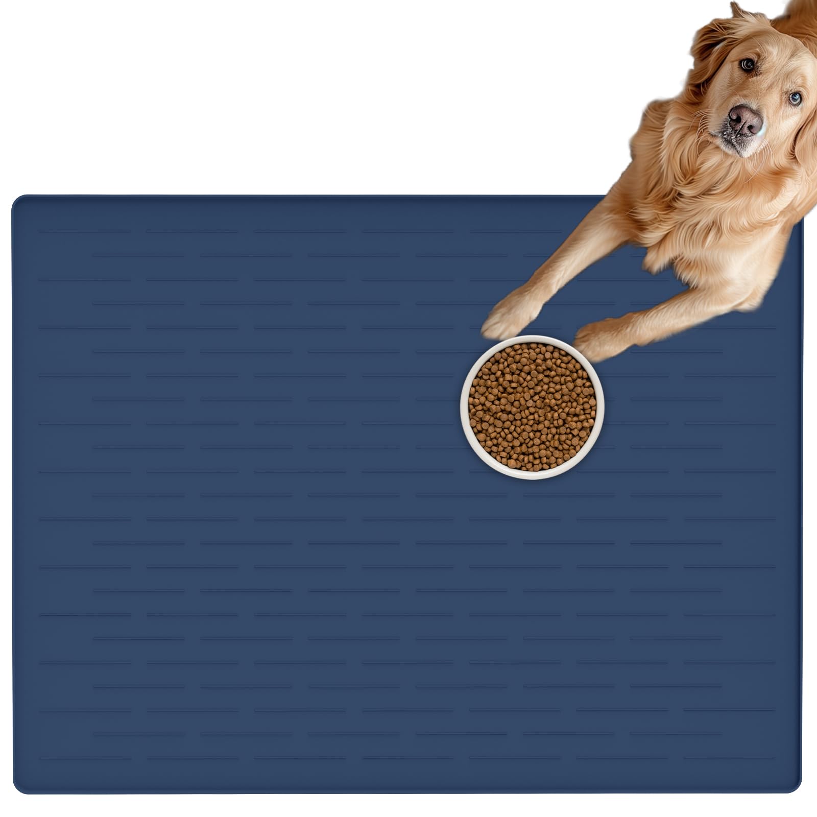 Extra Large Pet Food Mat for Dogs, 32''x24'' Waterproof Dog Feeding Mat, Non-Slip Silicone Dog Bowl Mat for Floors, Easy Clean Pet Water Mat Tray (Dark Blue)