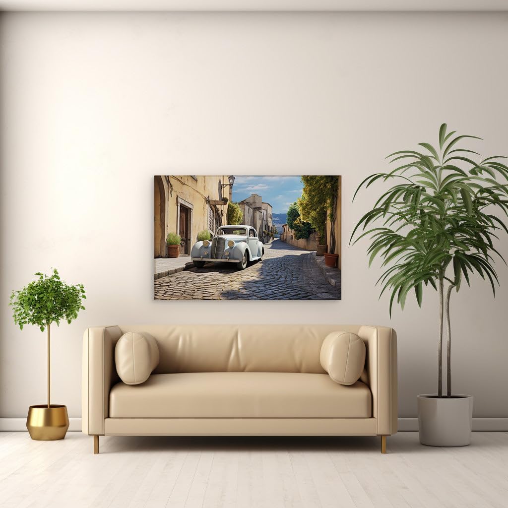 Canvas for Living room. A Stroll Down Memory Lane - Nostalgia and Serenity on a Sunny Cobblestone Street, 27 x 18 inch Canvas Wall Art - Contemporary Masterpieces - Modern Home Decor