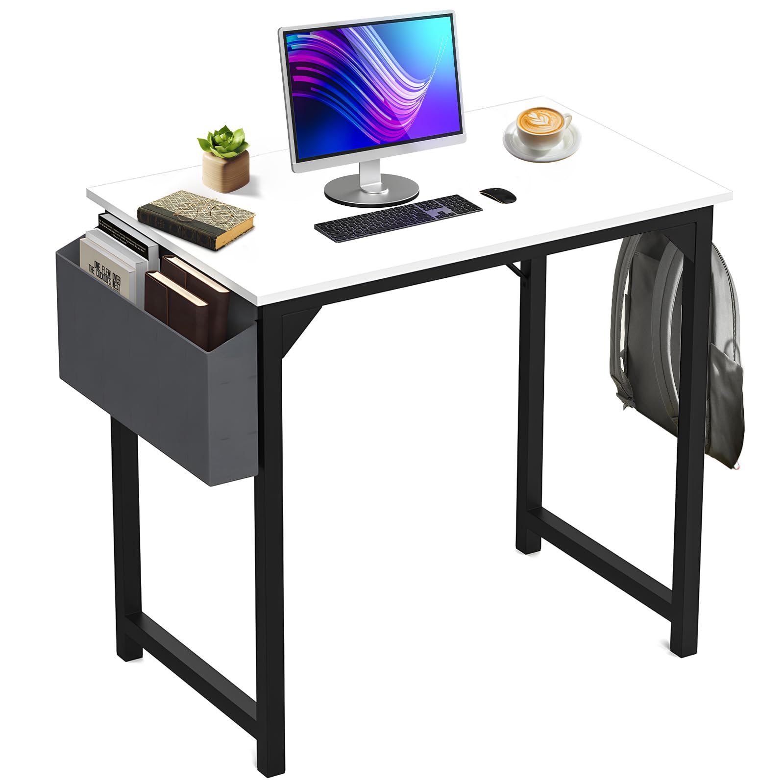 31-inch Computer Desk with Storage Bag & Iron Headphone Hooks, Metal Frame, Writing Desk, PC Table for Home, Bedroom and Office, Perfect for Students and Adults, Simple White