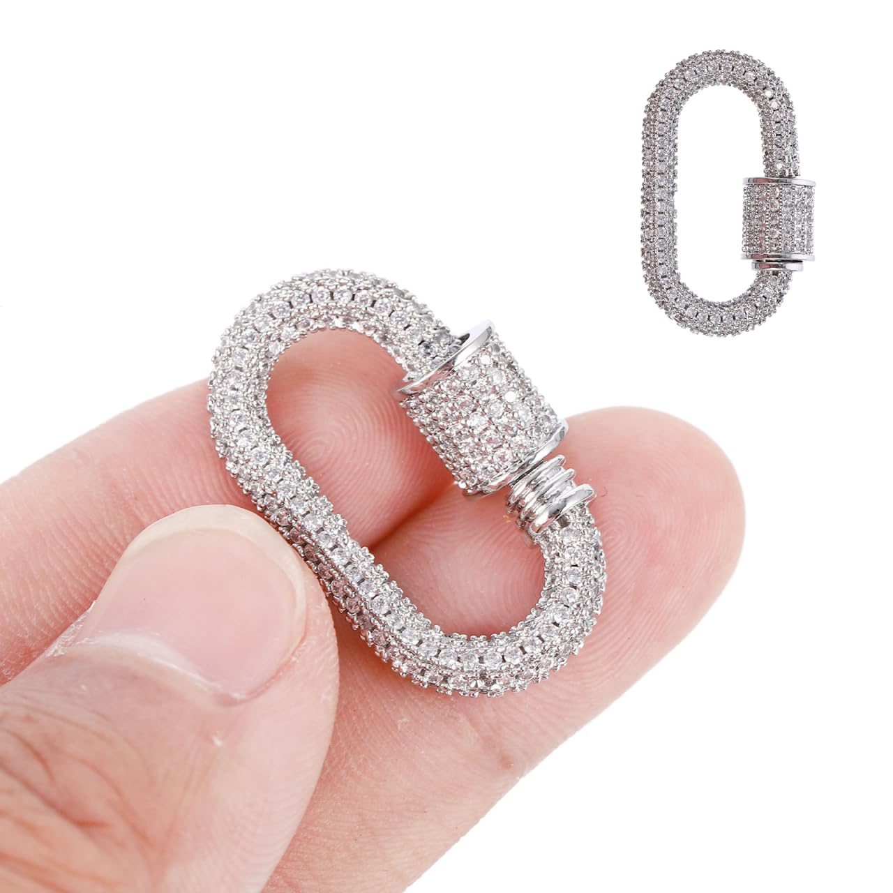 Screw Carabiner Lock Charms for Charm Necklace, Silver Oval Carabiner Lock Charms Clasps with Rhinestone - Jewelry Carabiner Charm Connector for Necklace Bracelet Jewelry Making, 1.1 x 0.66 inches