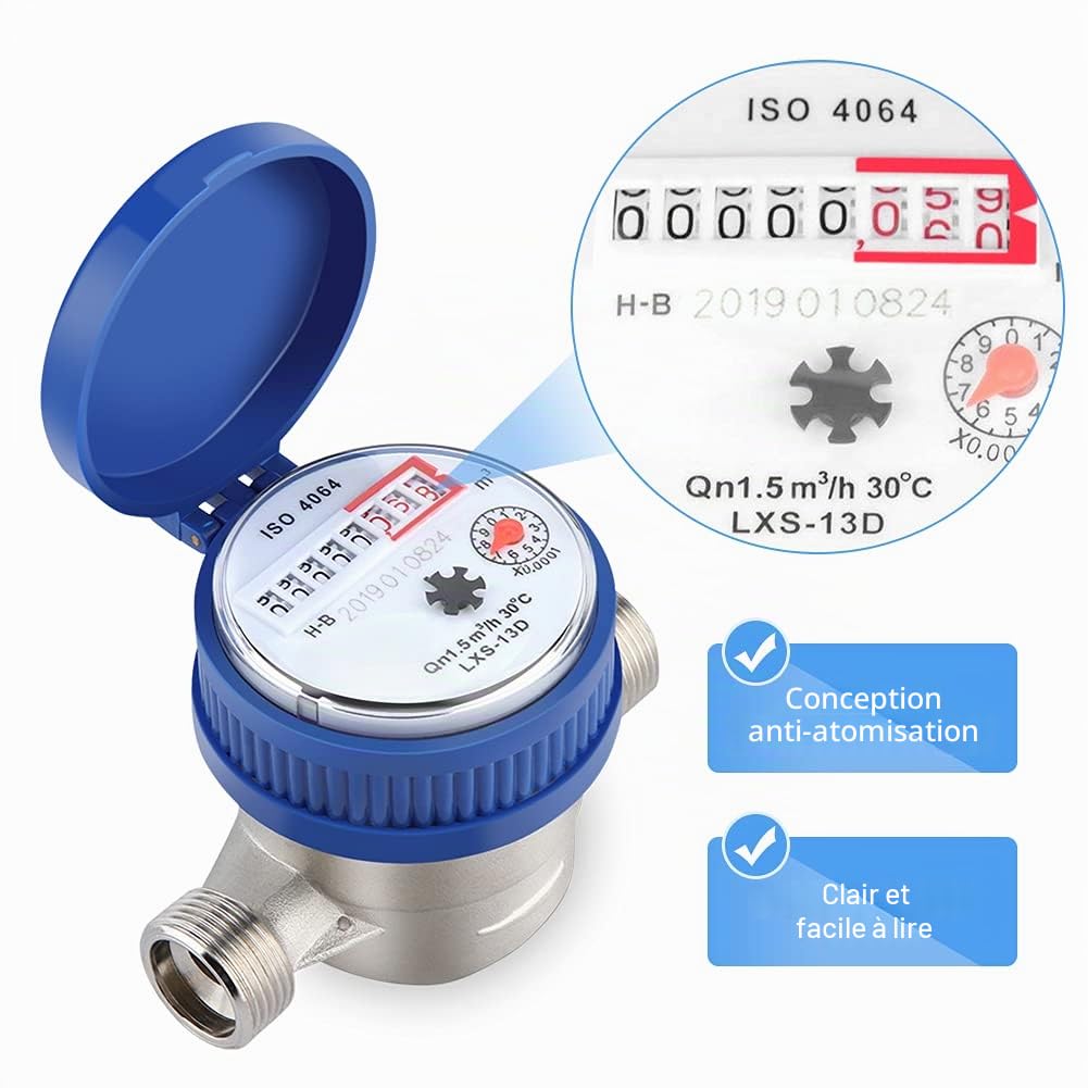 Estink Compteur d'Eau Mécanique pour Maison et Jardin, 1.5m3/h, 15mm, 1/2 Pouce, Température 0-40°C