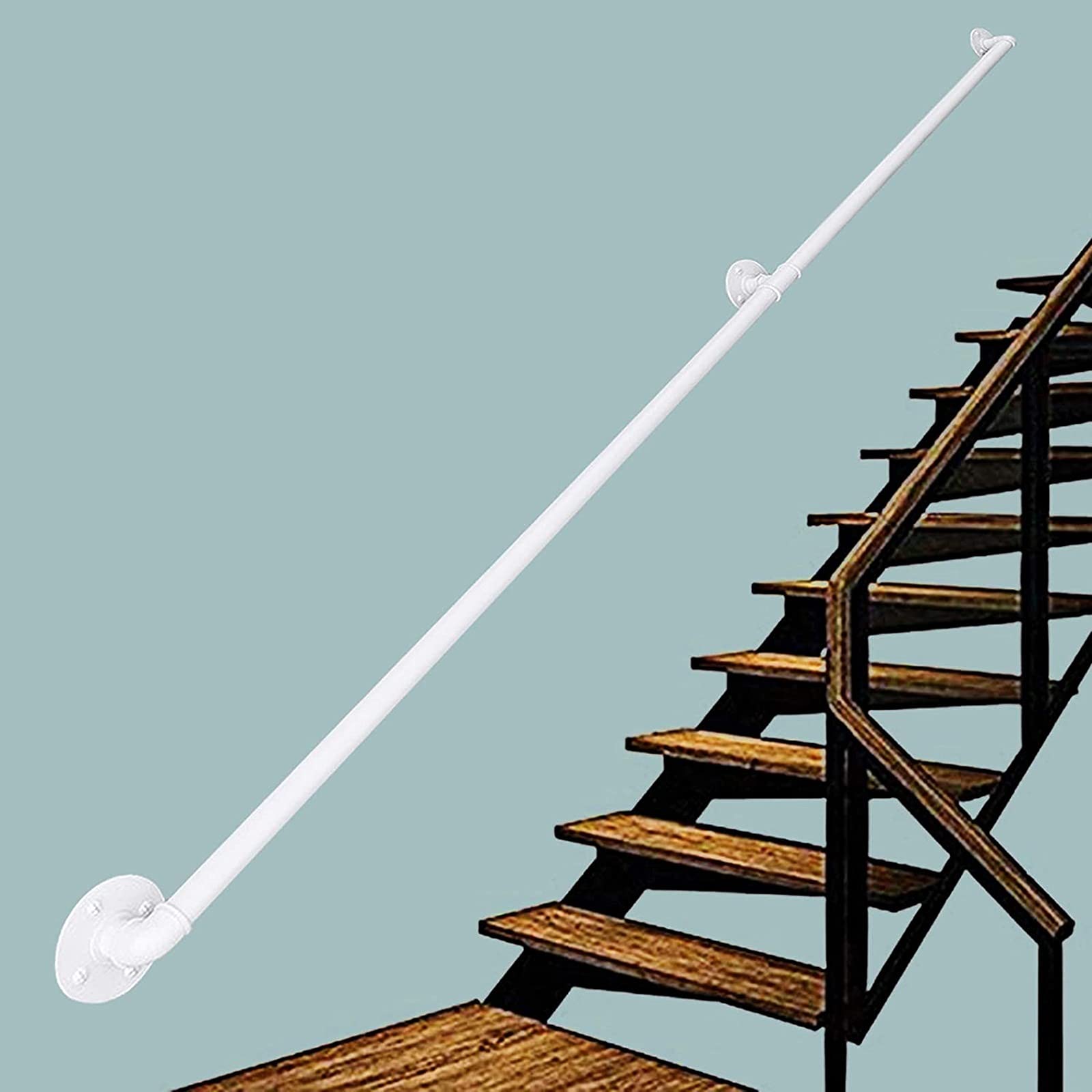LWJSOCP Durable White Staircase Handrails (1ft-20ft) with Wrought Iron Wall Brackets Metal Railing Guardrail for Indoor/Outdoor Stairs Complete 6ft Kit