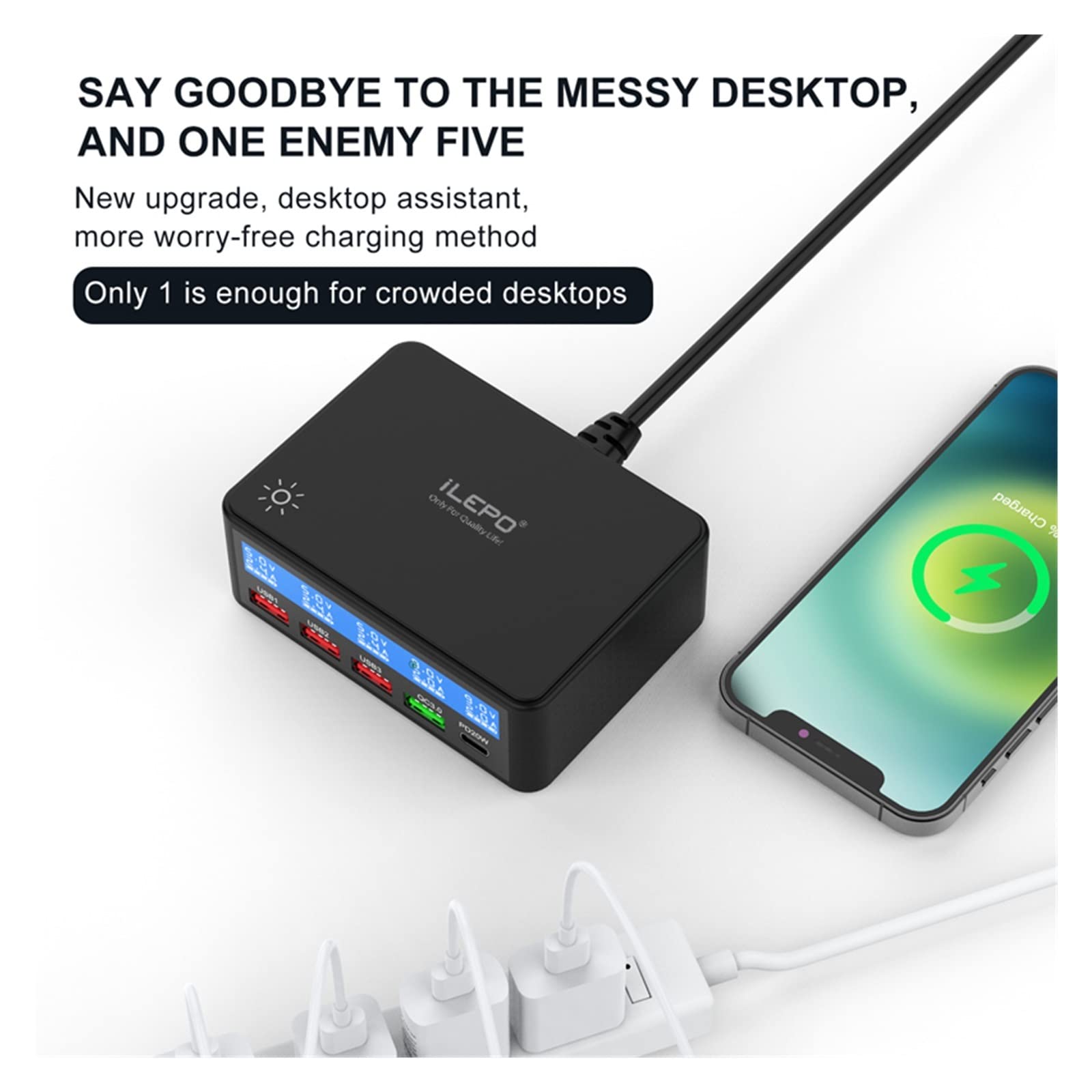 Stacja ładowania, Ładowarka 65 W Multi USB PD QC 2.0/3.0 Szybka ładowarka Szybkie ładowanie Stacja ładująca Przewód(Nero)