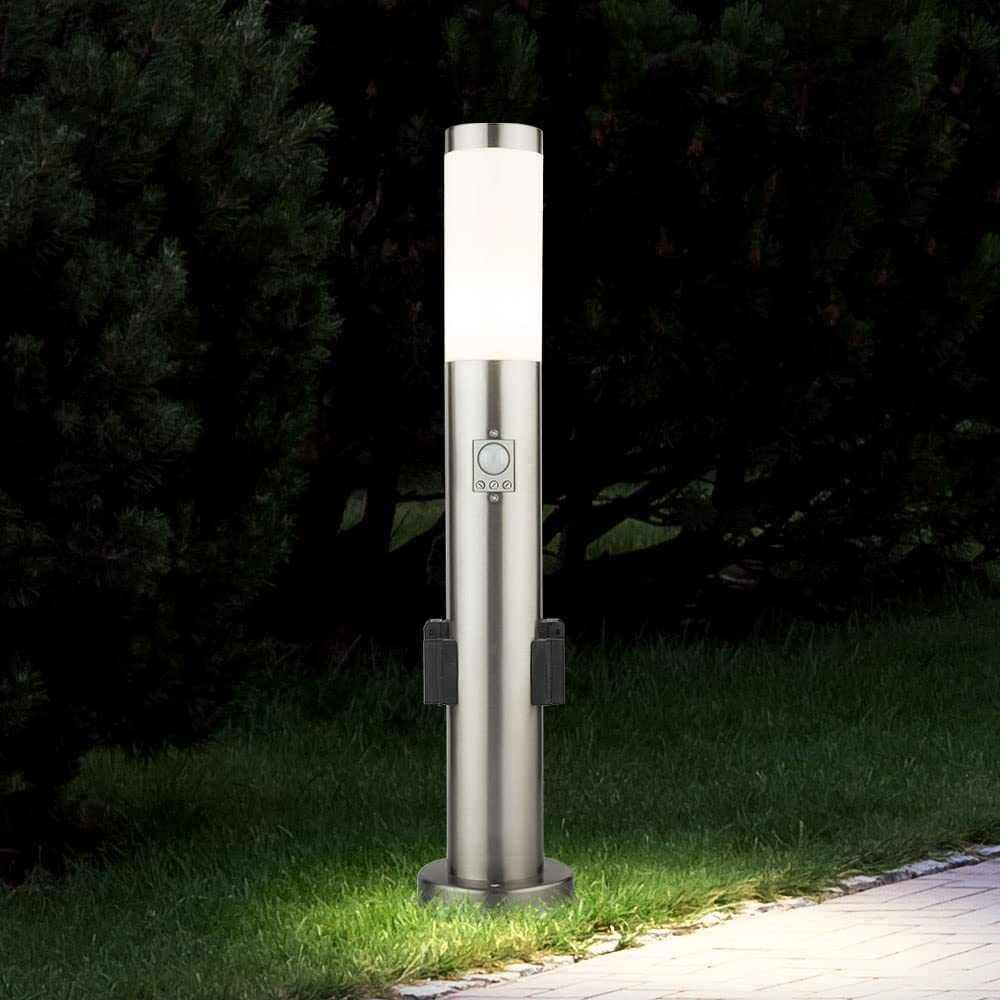 Außen Steh Leuchte Steckdosen Strahler Garten Weg Bewegungsmelder Erdspieß Steck Lampe EDELSTAHL