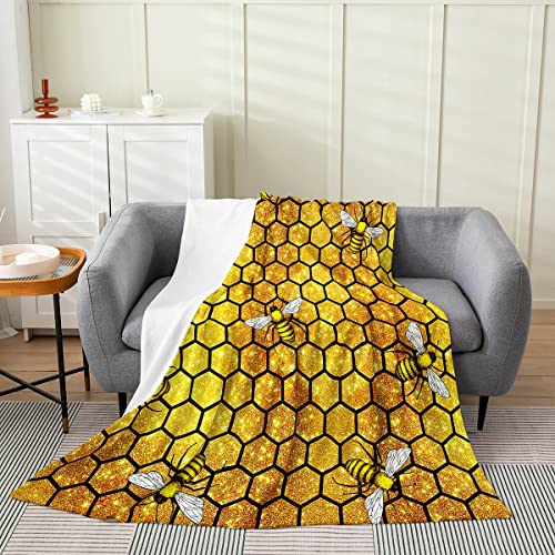 Erosebridal Honeycomb Throw Blanket, Yellow Fluffy Bee Fuzzy Blanket For Kids Teens, Geometric Hexagon Bee Hive Fleece Blanket, Gold Sparkle Glitter Soft Lightweight Bedspread Cover 2Pcs, Baby Size #TOP18